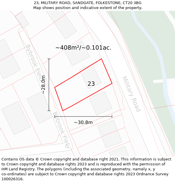 23, MILITARY ROAD, SANDGATE, FOLKESTONE, CT20 3BG: Plot and title map