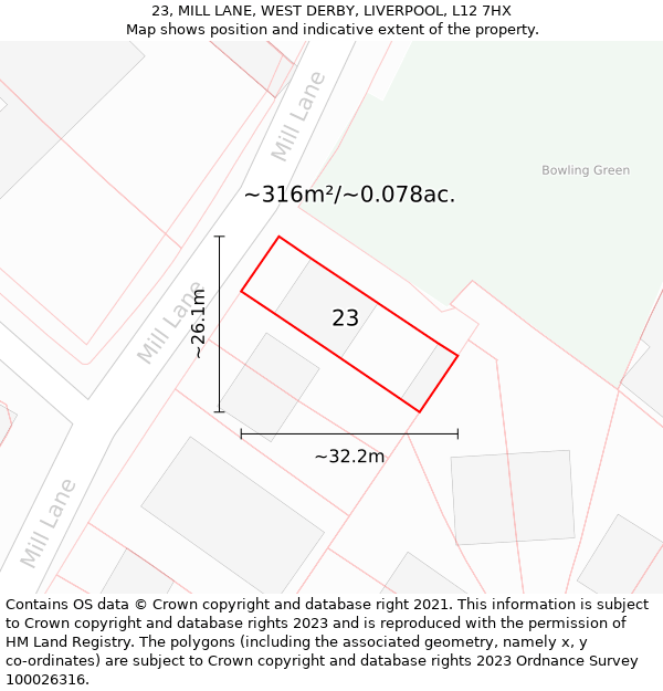23, MILL LANE, WEST DERBY, LIVERPOOL, L12 7HX: Plot and title map