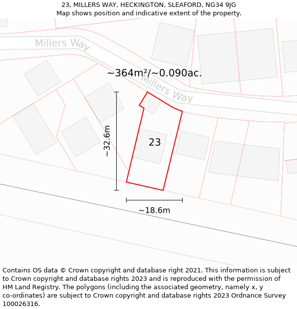 23, MILLERS WAY, HECKINGTON, SLEAFORD, NG34 9JG: Plot and title map