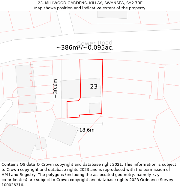 23, MILLWOOD GARDENS, KILLAY, SWANSEA, SA2 7BE: Plot and title map