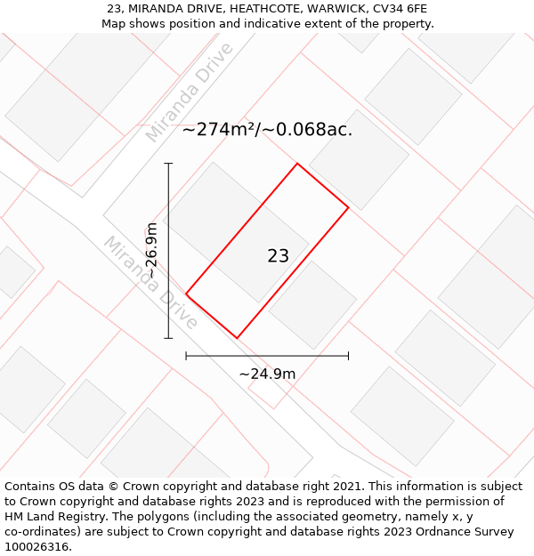 23, MIRANDA DRIVE, HEATHCOTE, WARWICK, CV34 6FE: Plot and title map