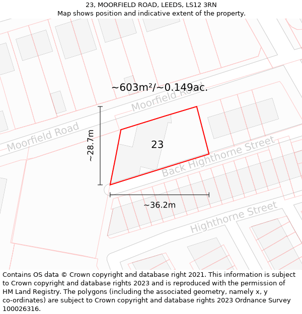 23, MOORFIELD ROAD, LEEDS, LS12 3RN: Plot and title map