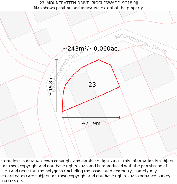 23, MOUNTBATTEN DRIVE, BIGGLESWADE, SG18 0JJ: Plot and title map