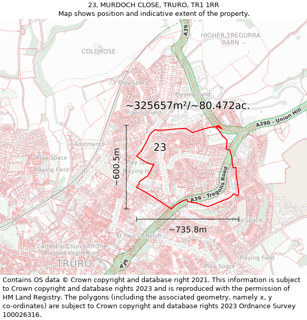 23, MURDOCH CLOSE, TRURO, TR1 1RR: Plot and title map