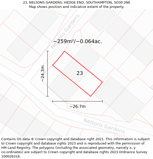 23, NELSONS GARDENS, HEDGE END, SOUTHAMPTON, SO30 2NE: Plot and title map