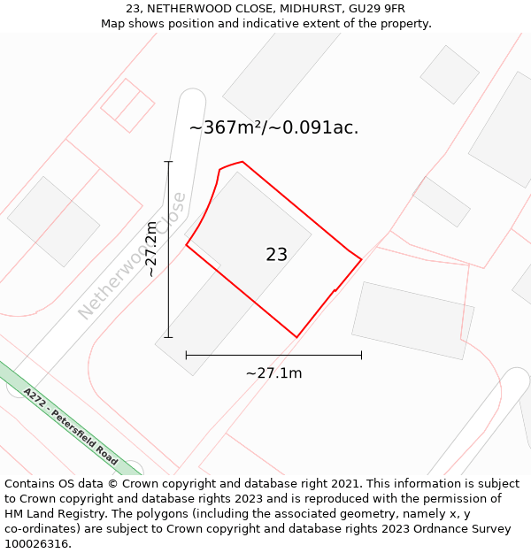 23, NETHERWOOD CLOSE, MIDHURST, GU29 9FR: Plot and title map