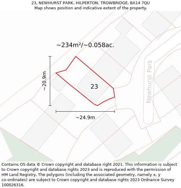 23, NEWHURST PARK, HILPERTON, TROWBRIDGE, BA14 7QU: Plot and title map