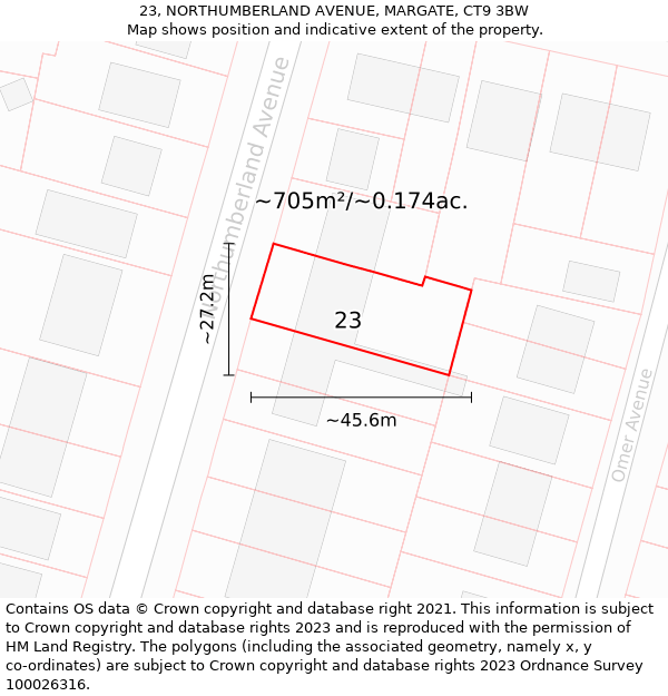 23, NORTHUMBERLAND AVENUE, MARGATE, CT9 3BW: Plot and title map