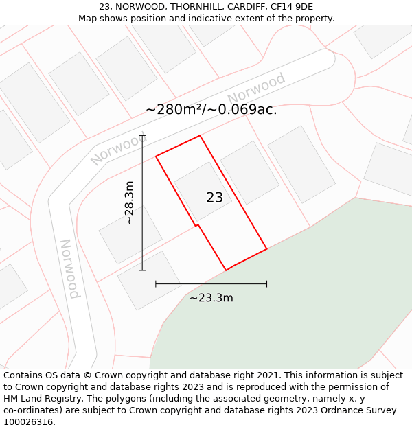 23, NORWOOD, THORNHILL, CARDIFF, CF14 9DE: Plot and title map