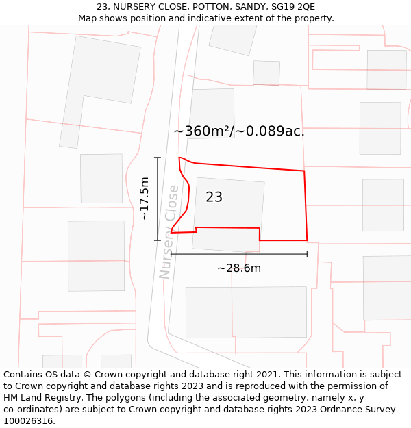 23, NURSERY CLOSE, POTTON, SANDY, SG19 2QE: Plot and title map