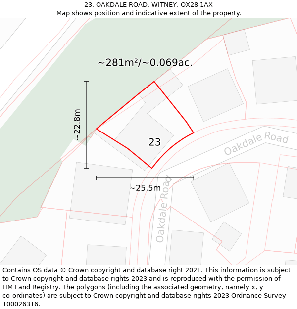 23, OAKDALE ROAD, WITNEY, OX28 1AX: Plot and title map