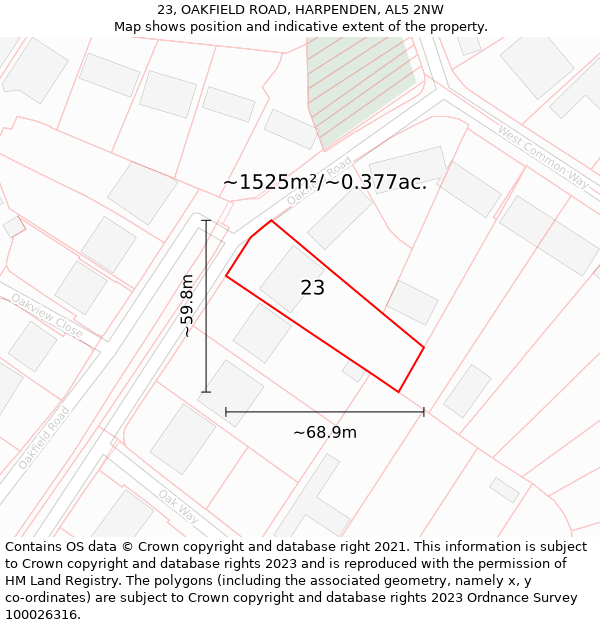 23, OAKFIELD ROAD, HARPENDEN, AL5 2NW: Plot and title map