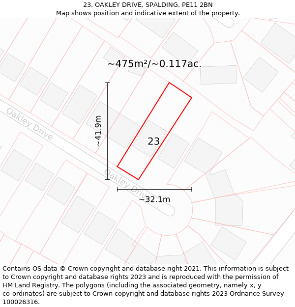 23, OAKLEY DRIVE, SPALDING, PE11 2BN: Plot and title map