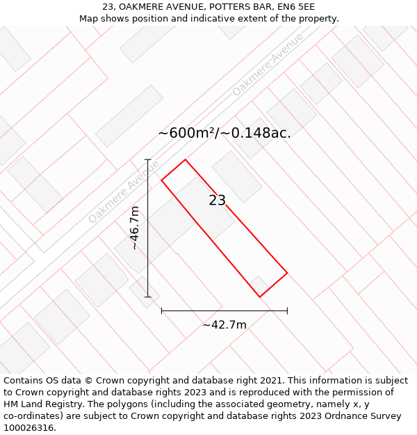 23, OAKMERE AVENUE, POTTERS BAR, EN6 5EE: Plot and title map