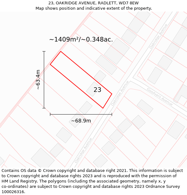 23, OAKRIDGE AVENUE, RADLETT, WD7 8EW: Plot and title map