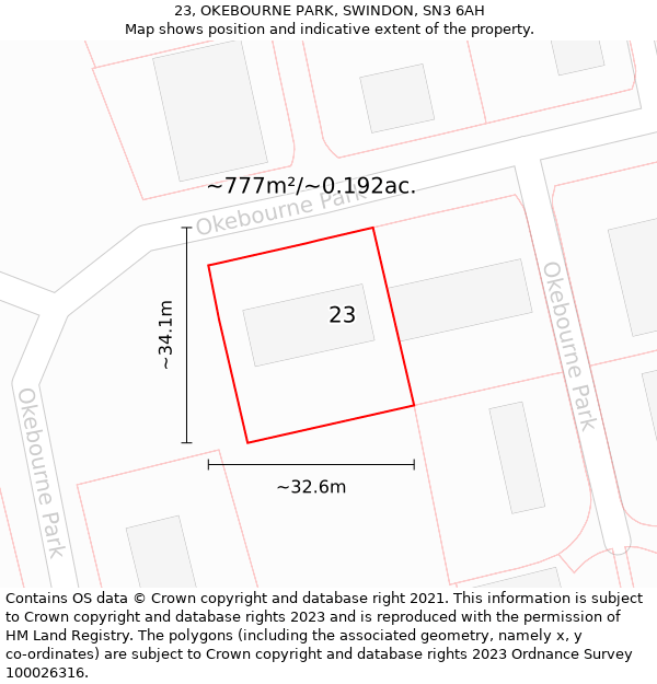 23, OKEBOURNE PARK, SWINDON, SN3 6AH: Plot and title map