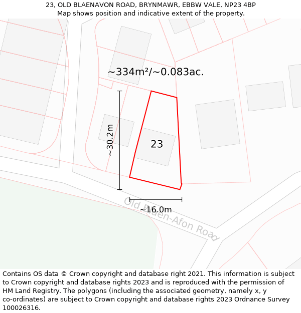 23, OLD BLAENAVON ROAD, BRYNMAWR, EBBW VALE, NP23 4BP: Plot and title map