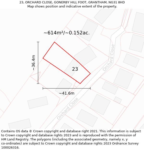 23, ORCHARD CLOSE, GONERBY HILL FOOT, GRANTHAM, NG31 8HD: Plot and title map