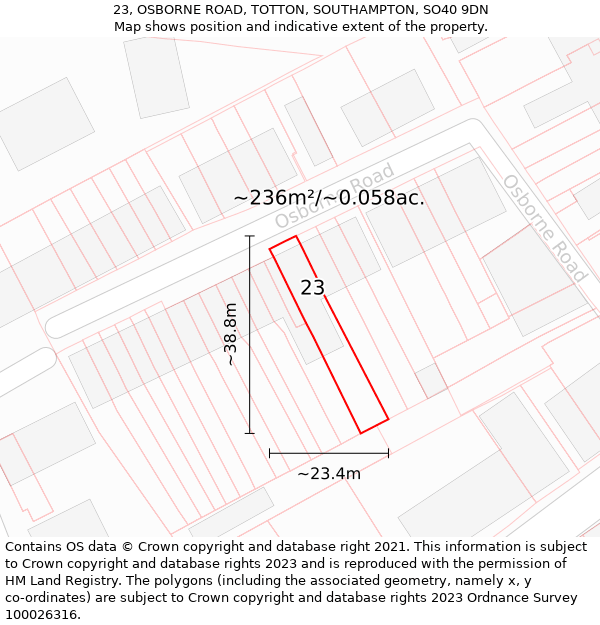 23, OSBORNE ROAD, TOTTON, SOUTHAMPTON, SO40 9DN: Plot and title map