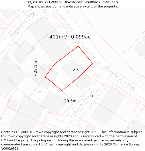 23, OTHELLO AVENUE, HEATHCOTE, WARWICK, CV34 6ED: Plot and title map