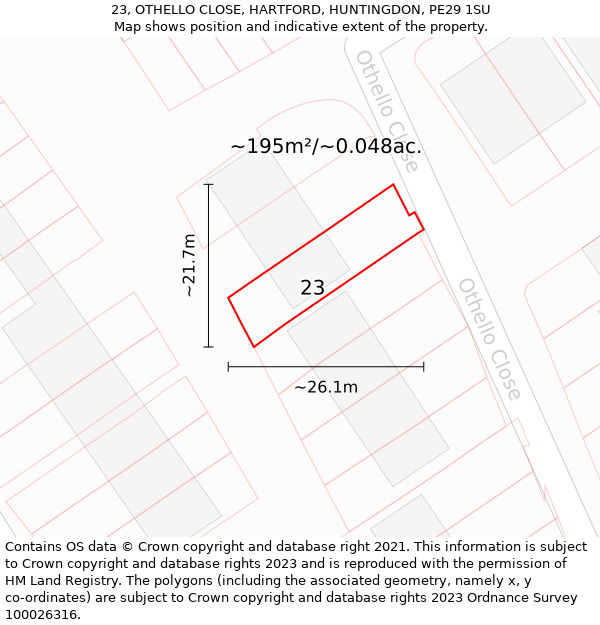 23, OTHELLO CLOSE, HARTFORD, HUNTINGDON, PE29 1SU: Plot and title map