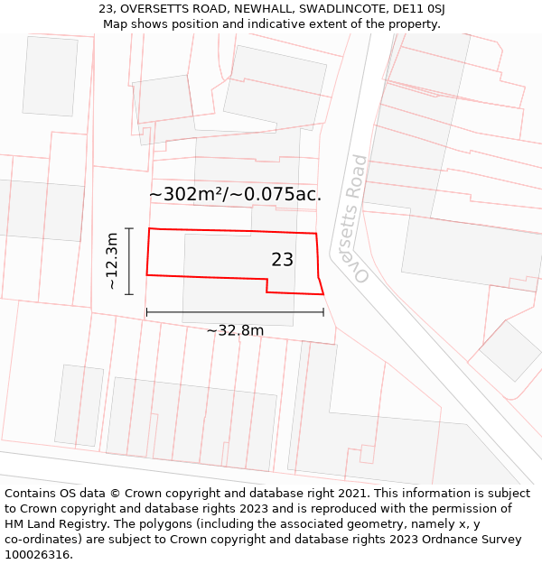 23, OVERSETTS ROAD, NEWHALL, SWADLINCOTE, DE11 0SJ: Plot and title map