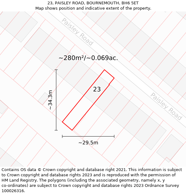 23, PAISLEY ROAD, BOURNEMOUTH, BH6 5ET: Plot and title map