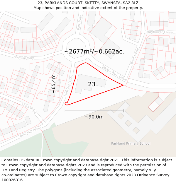 23, PARKLANDS COURT, SKETTY, SWANSEA, SA2 8LZ: Plot and title map