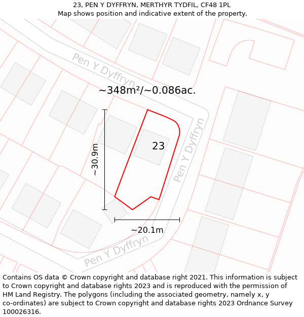 23, PEN Y DYFFRYN, MERTHYR TYDFIL, CF48 1PL: Plot and title map