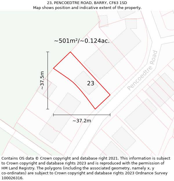 23, PENCOEDTRE ROAD, BARRY, CF63 1SD: Plot and title map