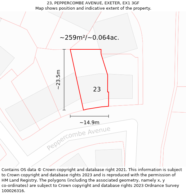 23, PEPPERCOMBE AVENUE, EXETER, EX1 3GF: Plot and title map