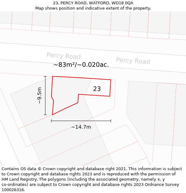 23, PERCY ROAD, WATFORD, WD18 0QA: Plot and title map