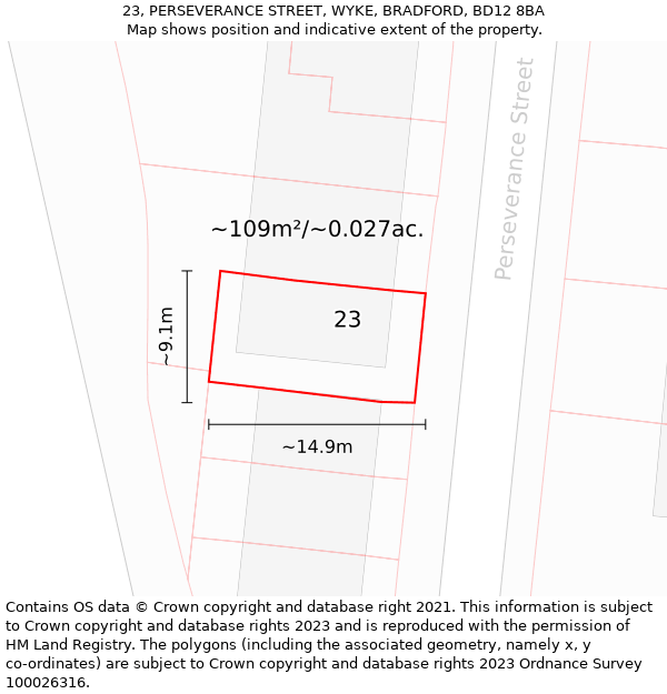 23, PERSEVERANCE STREET, WYKE, BRADFORD, BD12 8BA: Plot and title map