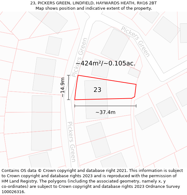 23, PICKERS GREEN, LINDFIELD, HAYWARDS HEATH, RH16 2BT: Plot and title map