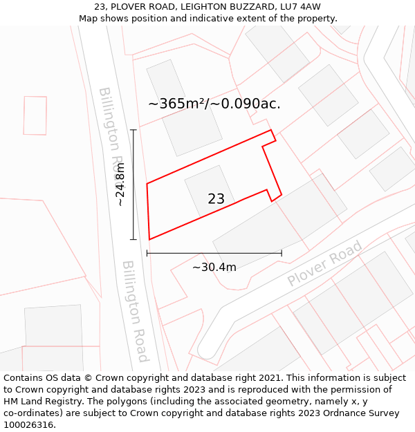 23, PLOVER ROAD, LEIGHTON BUZZARD, LU7 4AW: Plot and title map