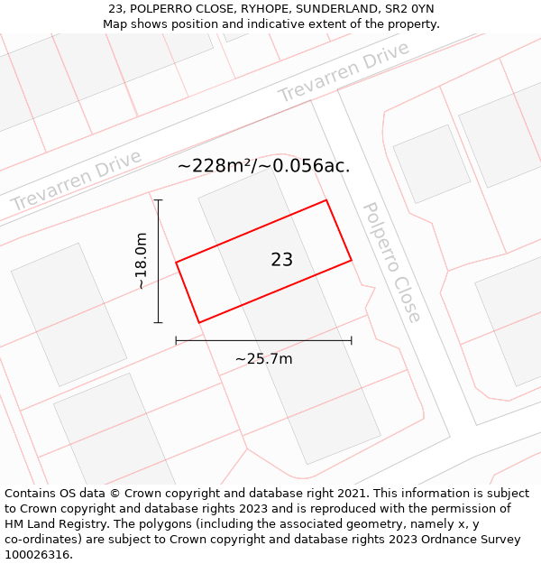 23, POLPERRO CLOSE, RYHOPE, SUNDERLAND, SR2 0YN: Plot and title map