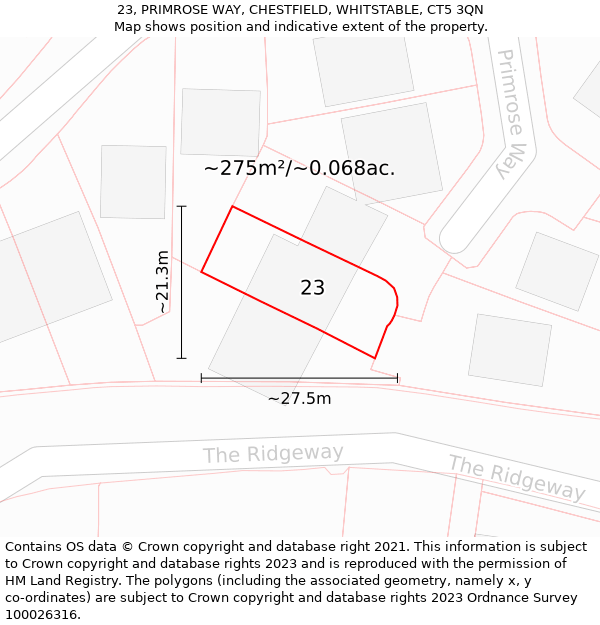 23, PRIMROSE WAY, CHESTFIELD, WHITSTABLE, CT5 3QN: Plot and title map