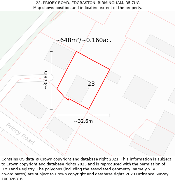 23, PRIORY ROAD, EDGBASTON, BIRMINGHAM, B5 7UG: Plot and title map