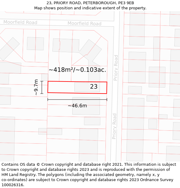 23, PRIORY ROAD, PETERBOROUGH, PE3 9EB: Plot and title map