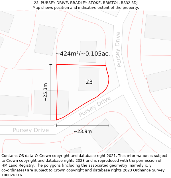 23, PURSEY DRIVE, BRADLEY STOKE, BRISTOL, BS32 8DJ: Plot and title map