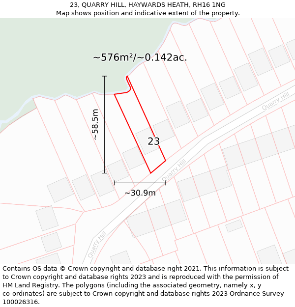 23, QUARRY HILL, HAYWARDS HEATH, RH16 1NG: Plot and title map
