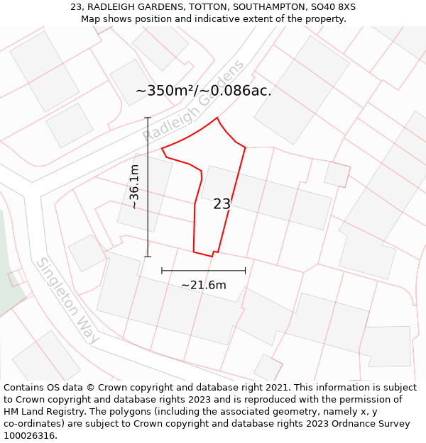 23, RADLEIGH GARDENS, TOTTON, SOUTHAMPTON, SO40 8XS: Plot and title map