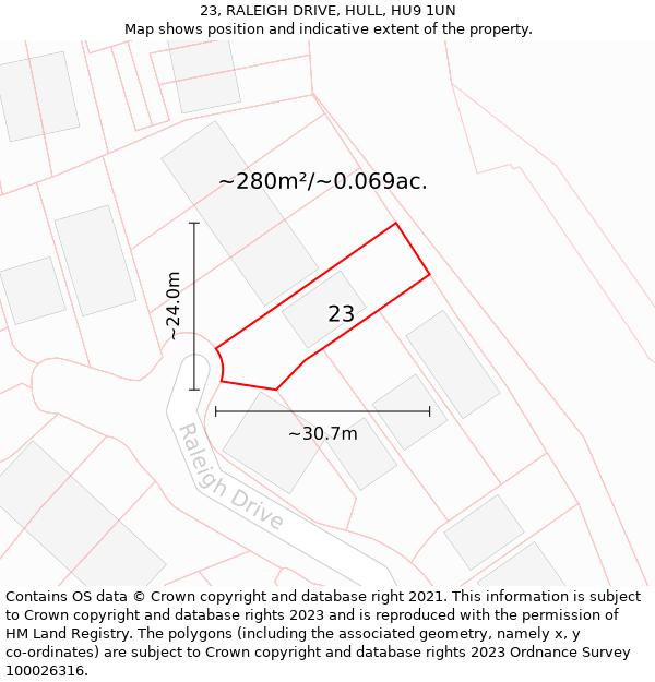 23, RALEIGH DRIVE, HULL, HU9 1UN: Plot and title map