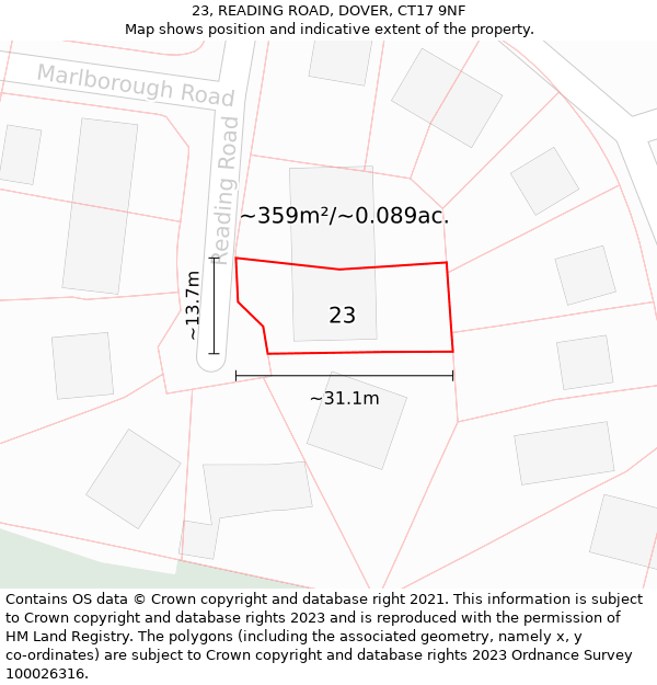 23, READING ROAD, DOVER, CT17 9NF: Plot and title map