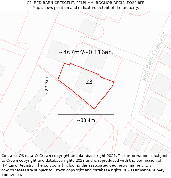 23, RED BARN CRESCENT, FELPHAM, BOGNOR REGIS, PO22 8FB: Plot and title map