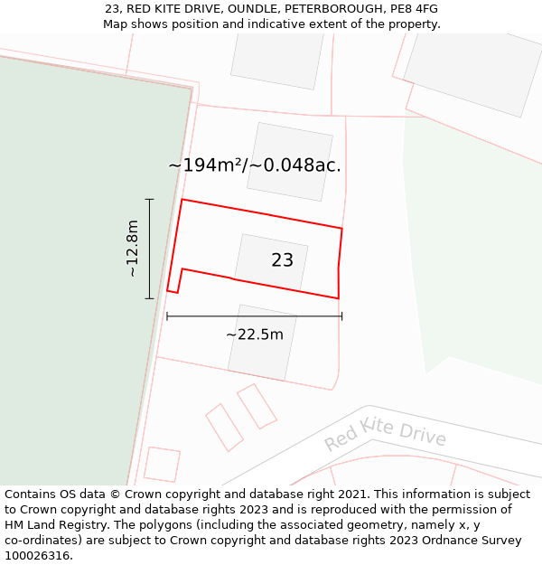 23, RED KITE DRIVE, OUNDLE, PETERBOROUGH, PE8 4FG: Plot and title map