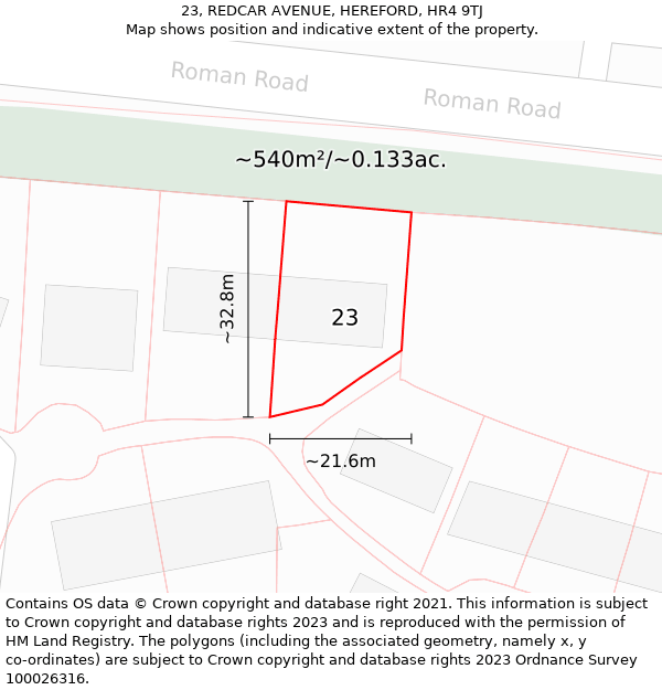 23, REDCAR AVENUE, HEREFORD, HR4 9TJ: Plot and title map