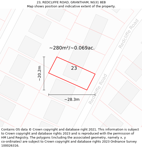 23, REDCLIFFE ROAD, GRANTHAM, NG31 8EB: Plot and title map