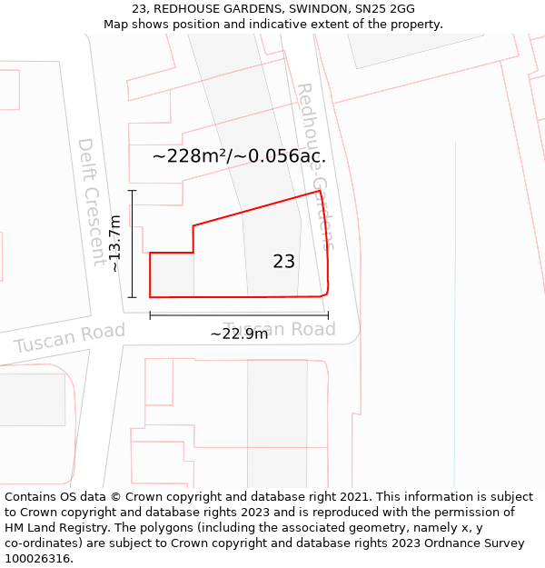 23, REDHOUSE GARDENS, SWINDON, SN25 2GG: Plot and title map