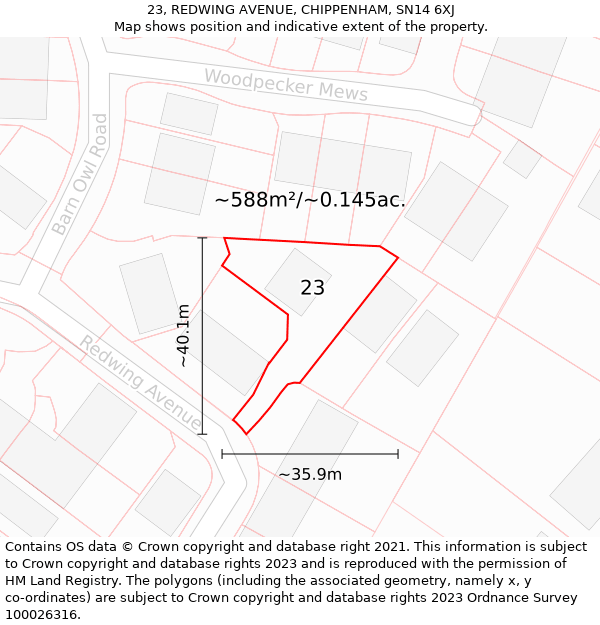 23, REDWING AVENUE, CHIPPENHAM, SN14 6XJ: Plot and title map